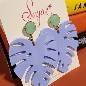 Sugar Purple Monstera Leaf Earrings with Green Studs